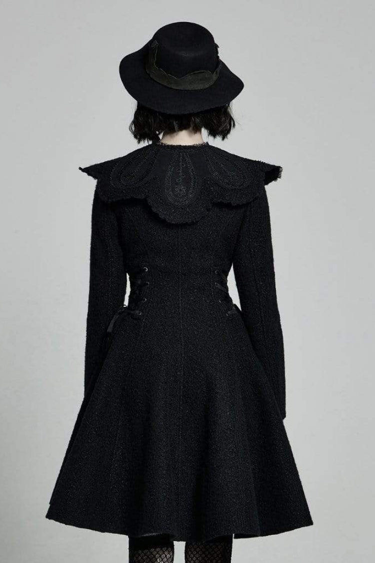 Black Fur Collar Fur Ball Decoration Long Sleeves Rose Button Womens Gothic Coat With Removable Collar - Product - 3