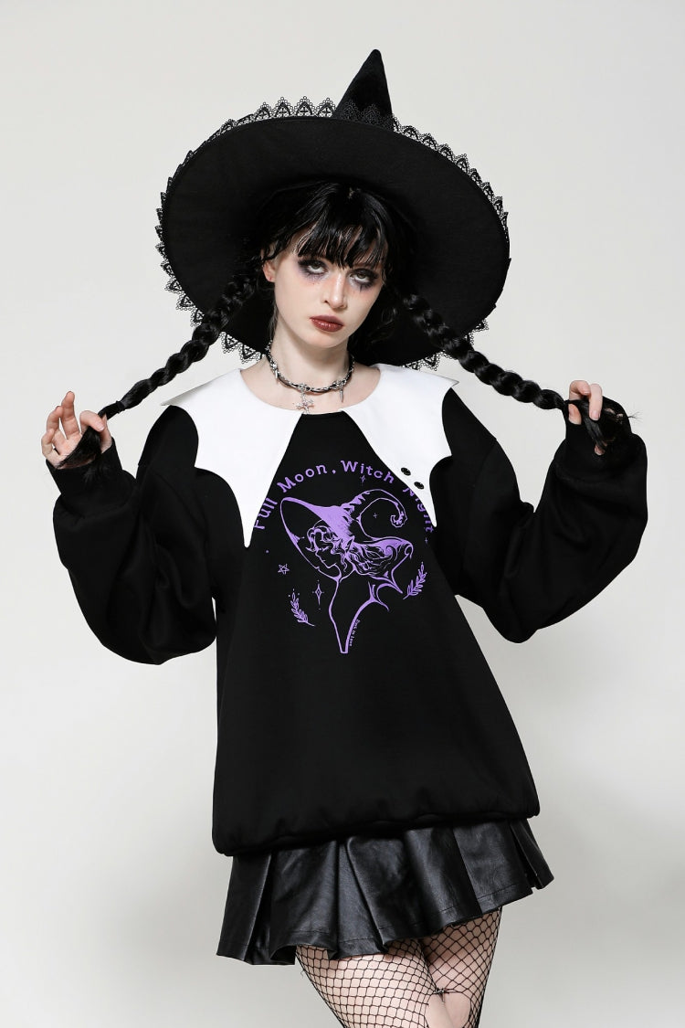 Black/White Point Peter Pan Collar Collar Long Sleeves Women's Gothic Vintage College Sweatshirt - Black/White - 1