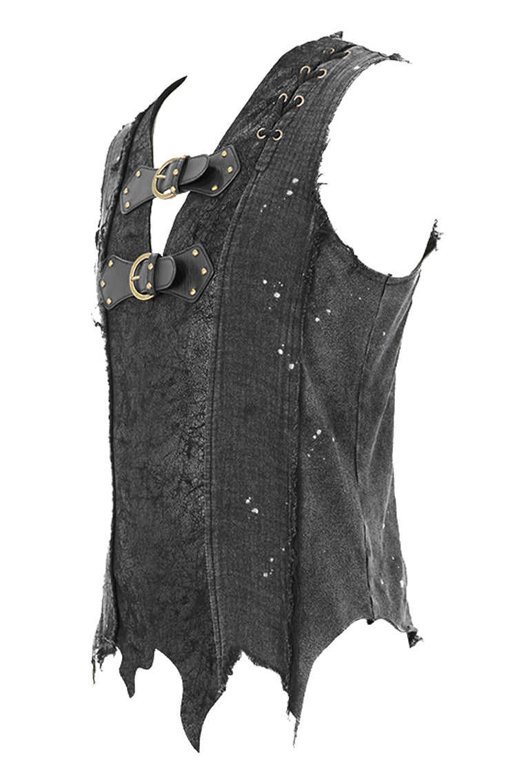 Black V-Neck Sleeveless Ripped Buckle Straps Men's Gothic Vest - Product - 7