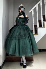 Green [Bright Stars] Off Shoulder Ruffle Bowknot Asymmetric Sweet Elegant Princess Lolita Dress - Product - 7