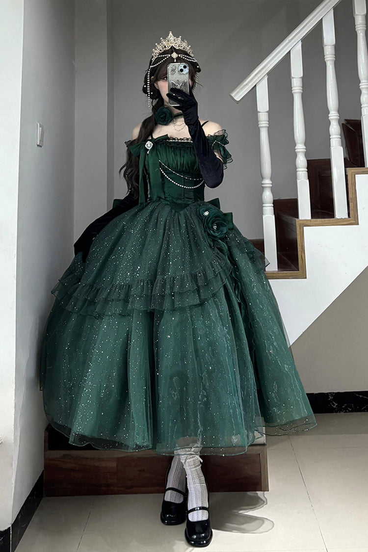 Green [Bright Stars] Off Shoulder Ruffle Bowknot Asymmetric Sweet Elegant Princess Lolita Dress - Product - 7