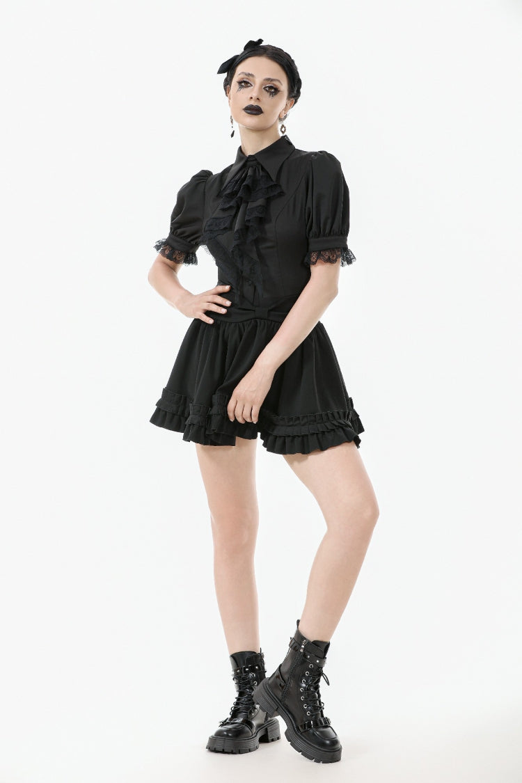 Black Point Lapel Collar Short Puff Sleeves Women's Gothic Blouse with Removable Rosette Cravat - Product - 12