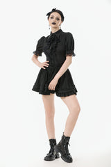 Black Point Lapel Collar Short Puff Sleeves Women's Gothic Blouse with Removable Rosette Cravat - Product - 12