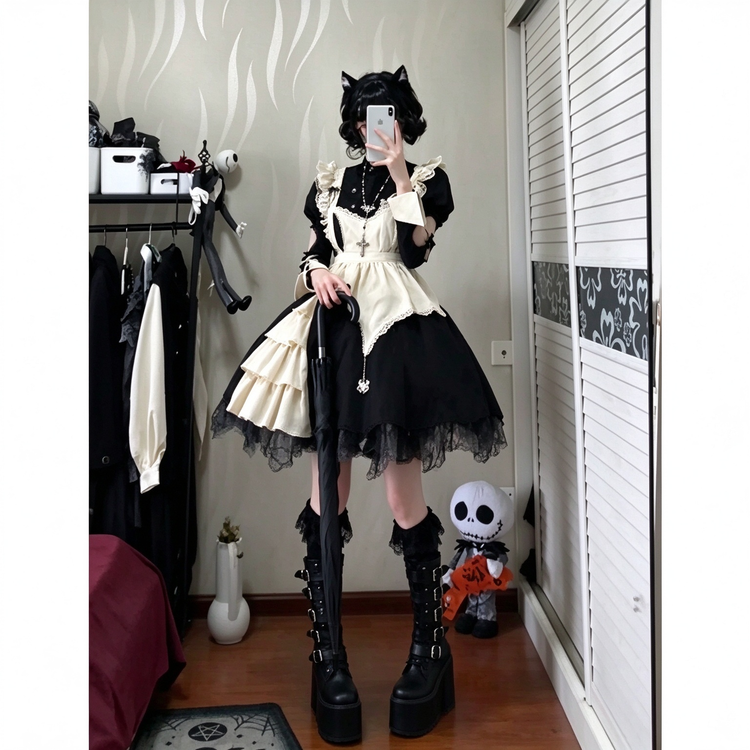 Black and Off-White Gothic Maid Style Dress Set with Apron and Accessories - view 5