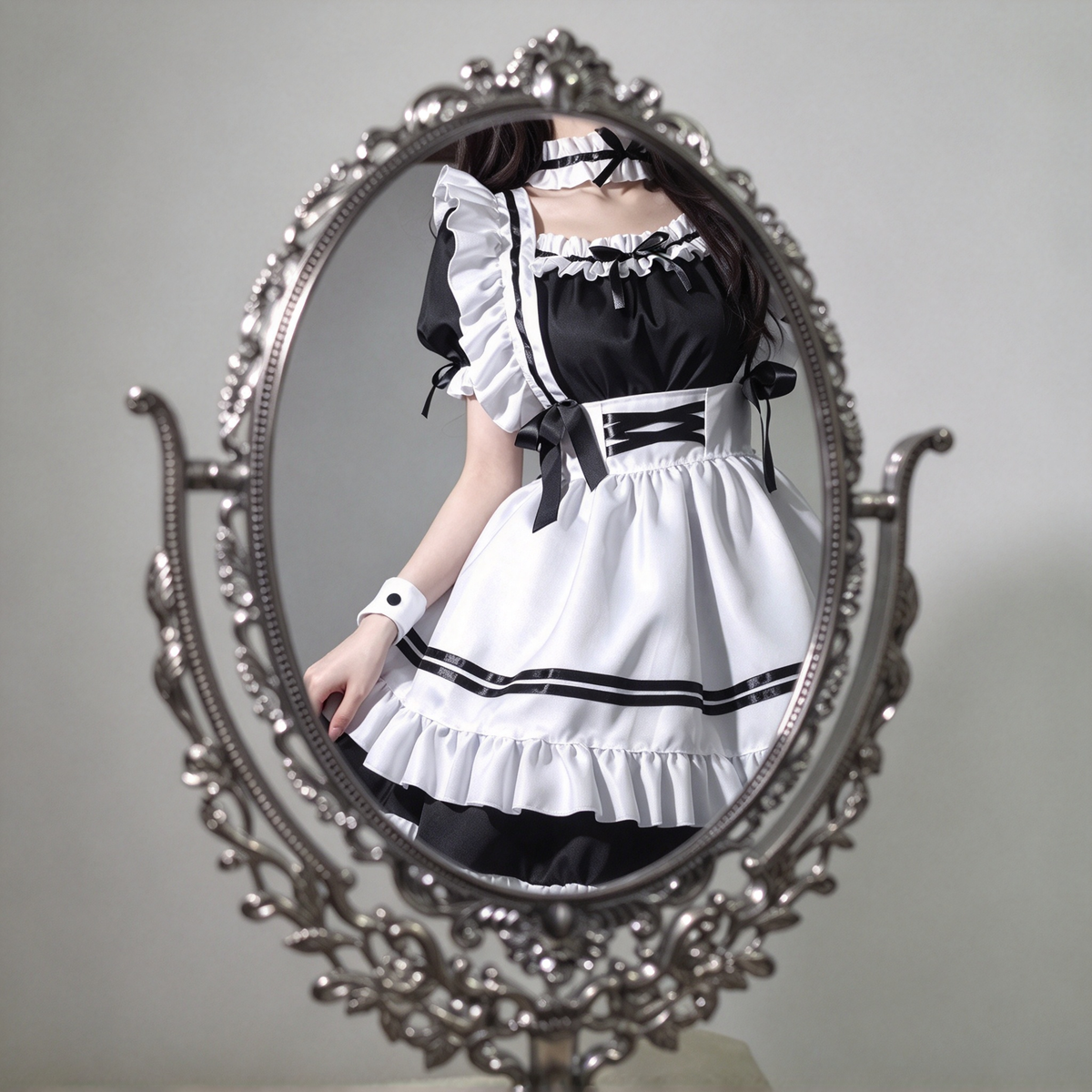 Pink and Black Ruffled Maid Lolita Dress with Apron Bow Accent - view 9