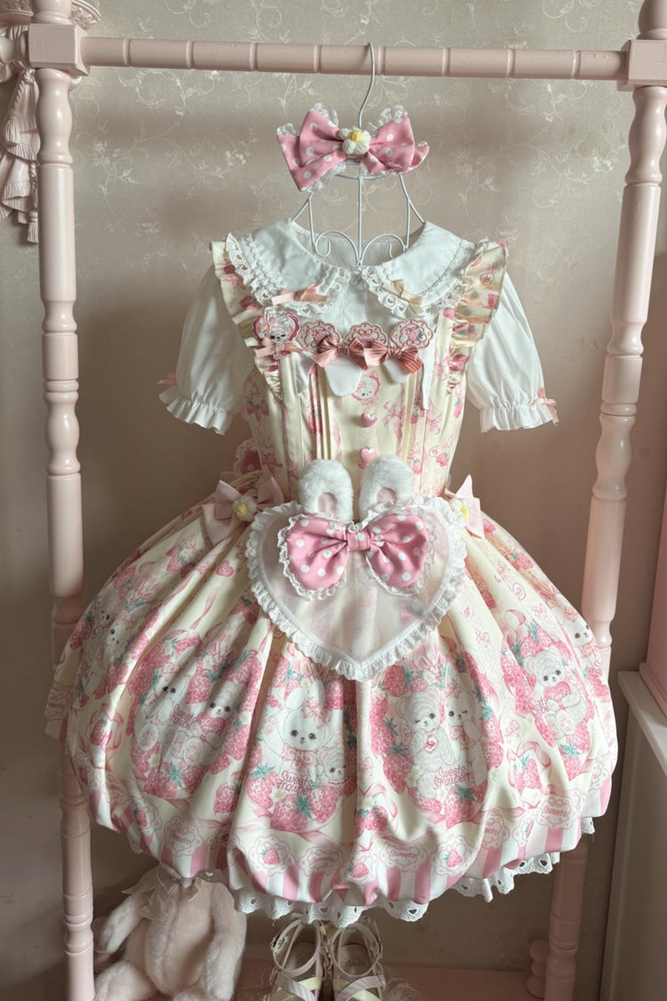 [Cream Rabbit Strawberry] Print Sleeveless Bowknot Sweet Lolita Jsk Dress 2 Colors - Product - 3