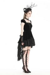 Black Square Collar Cap Sleeves Lace-Up High/Low Lace Ruffled Women's Gothic Princess Velvet Dress - Product - 2