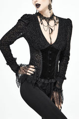 lack Gothic Flocking V-Neck Front Splice Velvet Long Sleeve Lace Hem Women's Blouse - Black - 1