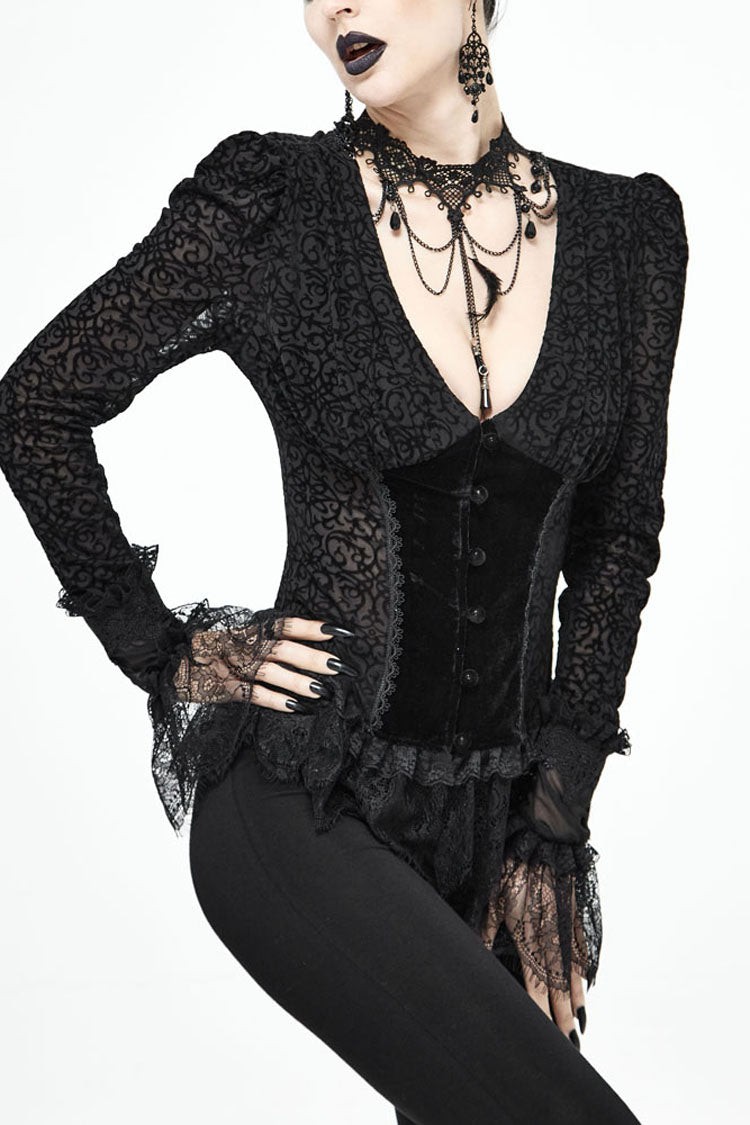 lack Gothic Flocking V-Neck Front Splice Velvet Long Sleeve Lace Hem Women's Blouse - Black - 1