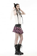 Black/Pink Women's Punk Grunge Zippered Faux Leather Spliced Plaid Pleated Mini Skirt - Product - 10