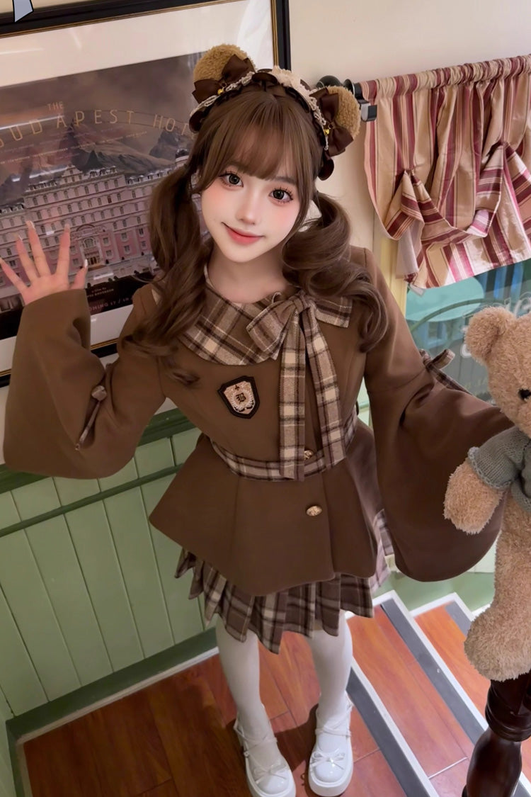 [Chestnut Sea Salt] Long Trumpet Sleeves Print Ruffle Bowknot Sweet Elegant Lolita Skirt Coat 2 Colors - Product - 3