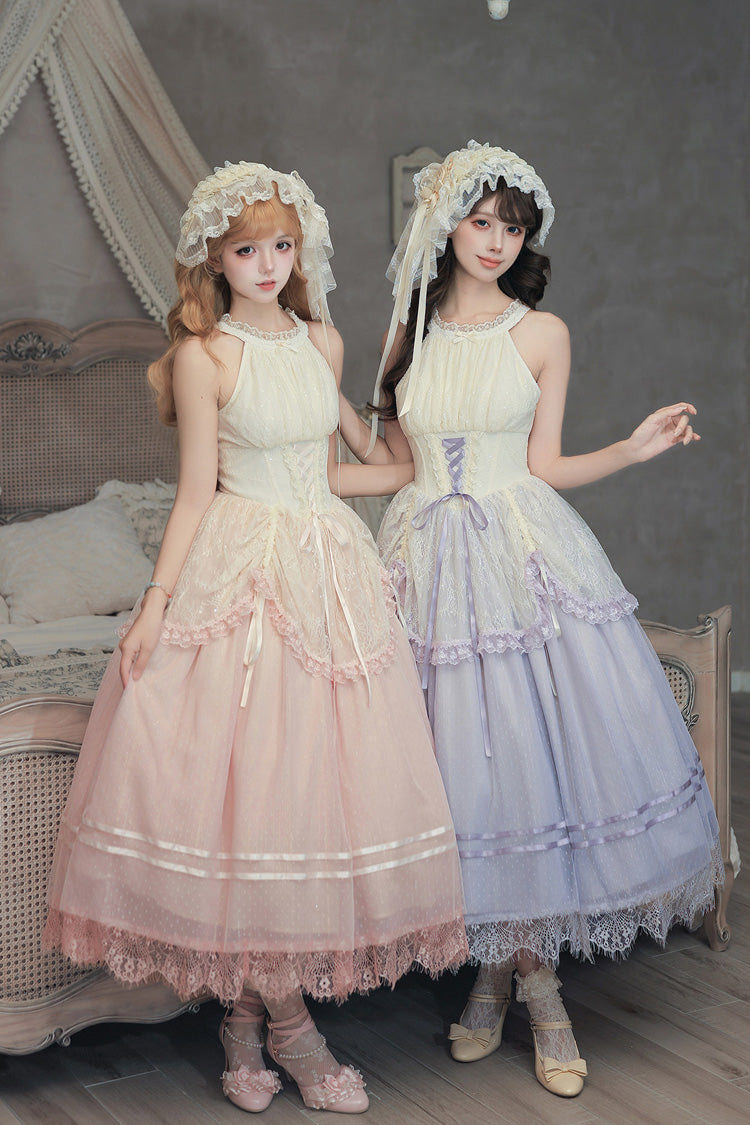 [Tulip Scent] Halterneck Sleeveless Printed Ruffled Lace Lace-Up Fishbone Sweet Lolita Jsk Dress Set (Pink/Purple 2 Colors) - Pink - 1