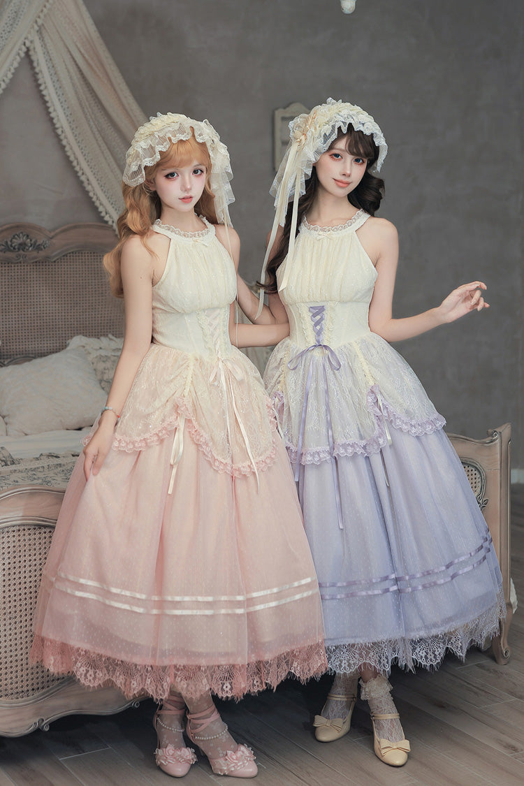 [Tulip Scent] Halterneck Sleeveless Printed Ruffled Lace Lace-Up Fishbone Sweet Lolita Jsk Dress Set (Pink/Purple 2 Colors) - Pink - 1
