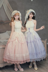 [Tulip Scent] Halterneck Sleeveless Printed Ruffled Lace Lace-Up Fishbone Sweet Lolita Jsk Dress Set (Pink/Purple 2 Colors) - Pink - 1