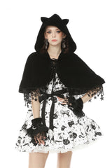 Black Lace-Up Women's Lolita Cat Ears Hooded Cape with Star Tassels - Product - 5