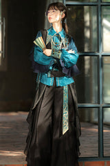 Black/Green Round Collar Long Sleeves Ruffle Embroidery Chinese Style Vintage Handsome Ouji Lolita Set - Product - 5