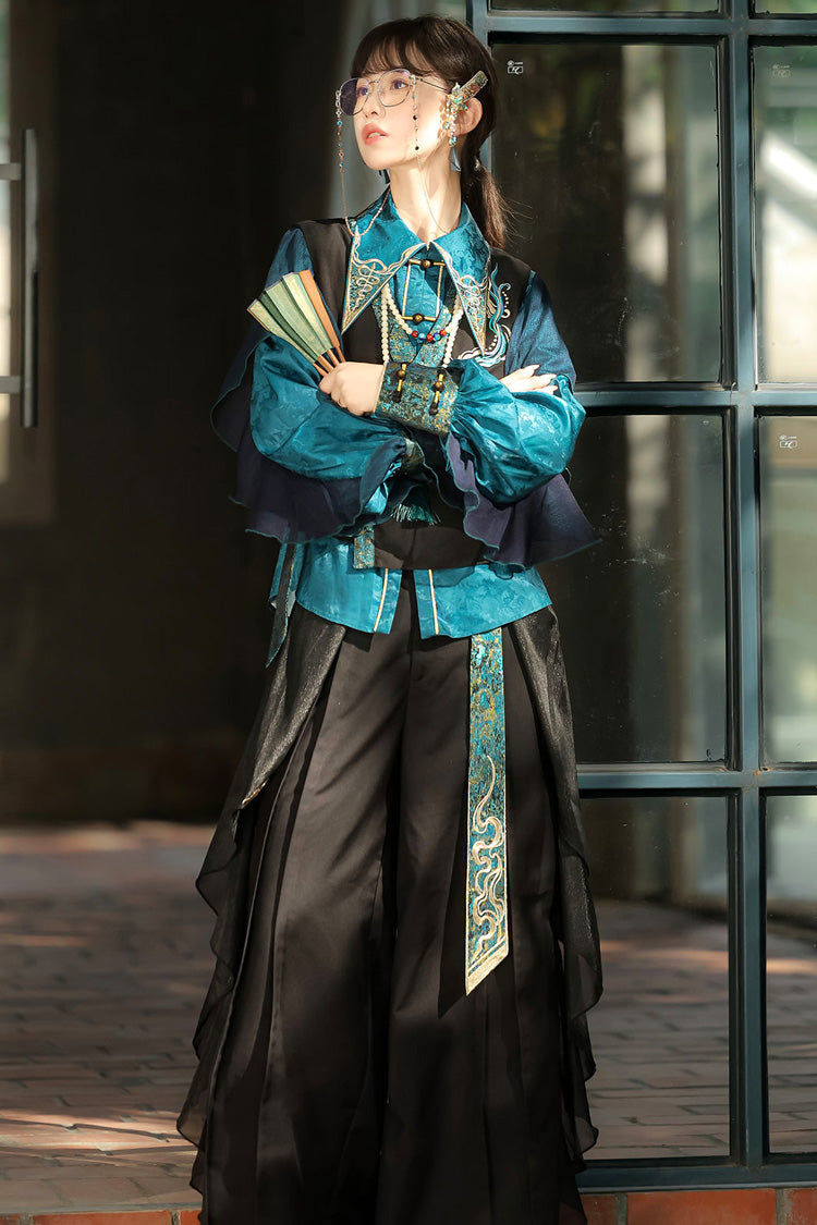 Black/Green Round Collar Long Sleeves Ruffle Embroidery Chinese Style Vintage Handsome Ouji Lolita Set - Product - 5