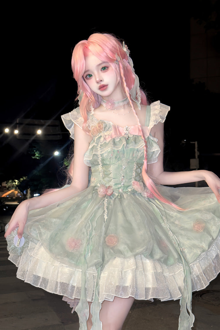 Green Flower Fairy Forest Garden Print Ruffle Bowknot Lace Sweet Lolita Dress - Product - 7