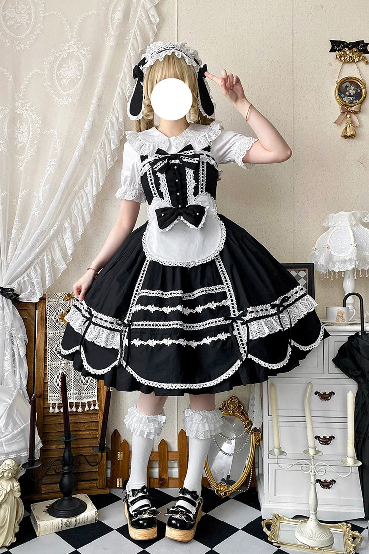 Black [Petal Bunny] Cotton Sleeveless Ruffled Bow Lace Sweet Elegant Lolita Jsk Dress - Black - 1