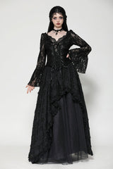 Black Deep V Collar Long Trumpet Sleeves Lace Lace-Up Women's Gothic Corset Top - Product - 6