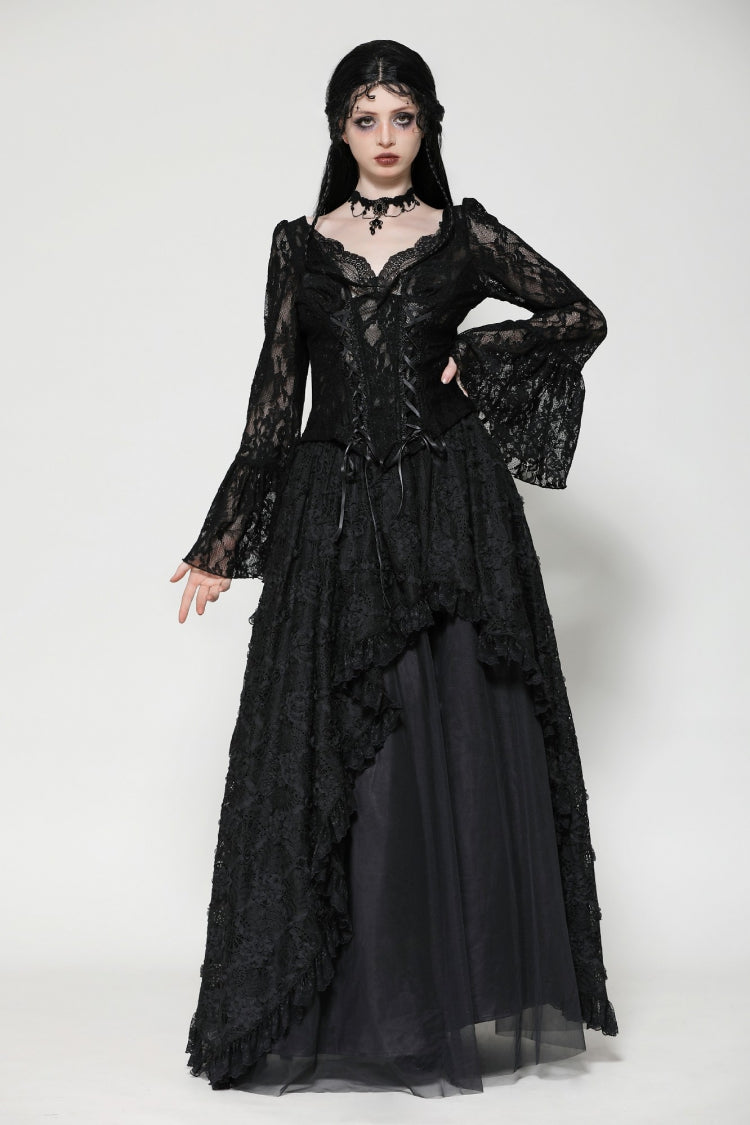 Black Deep V Collar Long Trumpet Sleeves Lace Lace-Up Women's Gothic Corset Top - Product - 6