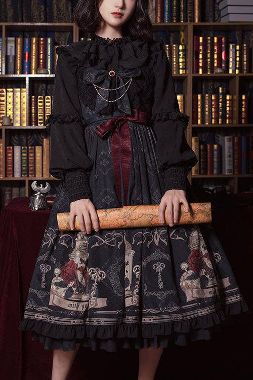 Black Nightingale Rose Print Bowknot Ruffled Strapless Gothic Lolita JSK Dress - Black - 1