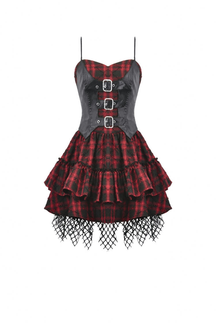 Black/Red Plaid Leather Multi-Layered Ruffled Women's Punk  Sweetcore Slip Dress - Product - 3