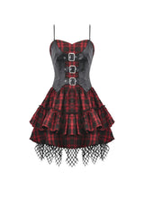 Black/Red Plaid Leather Multi-Layered Ruffled Women's Punk  Sweetcore Slip Dress - Product - 3