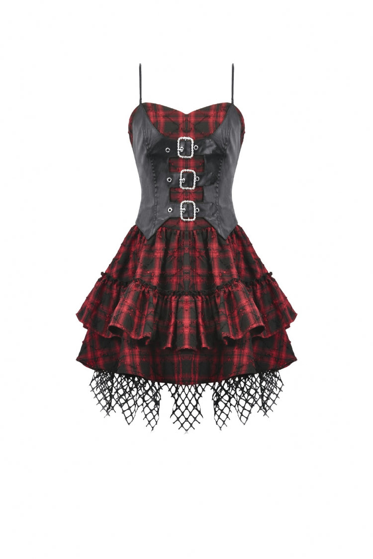 Black/Red Plaid Leather Multi-Layered Ruffled Women's Punk  Sweetcore Slip Dress - Product - 3