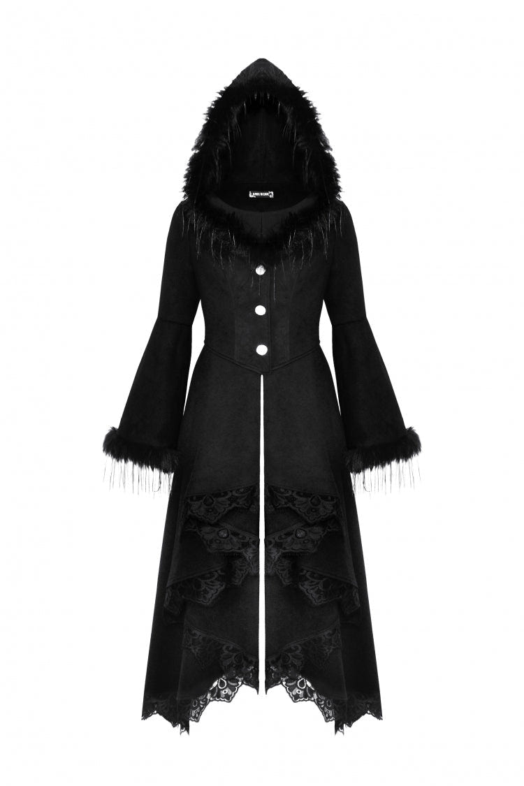 Black Long Bell Sleeves Lace Button Women's Gothic Romantic Coat with Hood - Product - 3