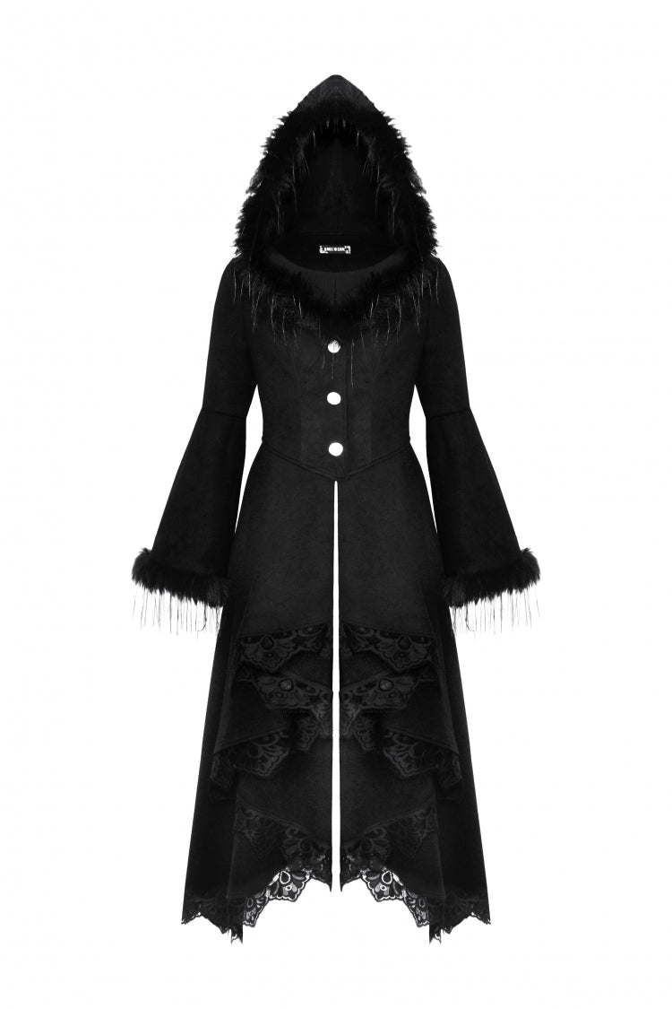 Black Long Bell Sleeves Lace Button Women's Gothic Romantic Coat with Hood - Product - 3