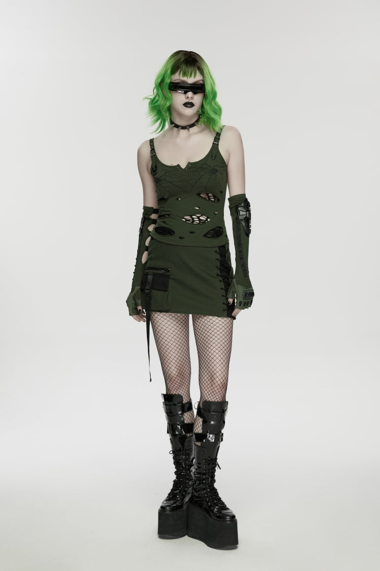 Black/Green Off Shoulder Slim Ripped Buckled Women's Punk Spiders&Web Printed  Vest - Product - 7