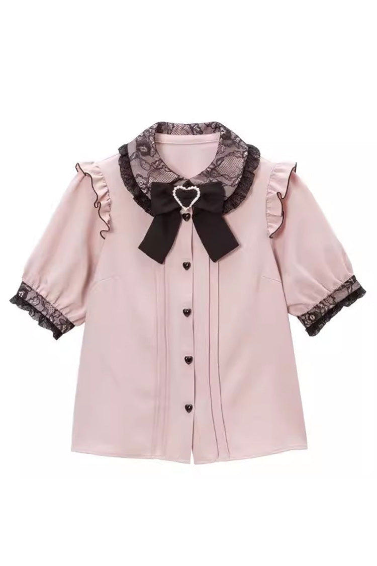 Doll Collar Short Sleeves Bowknot Sweet Jirai Kei Japanese Lolita Blouse 4 Colors - Pink - 1