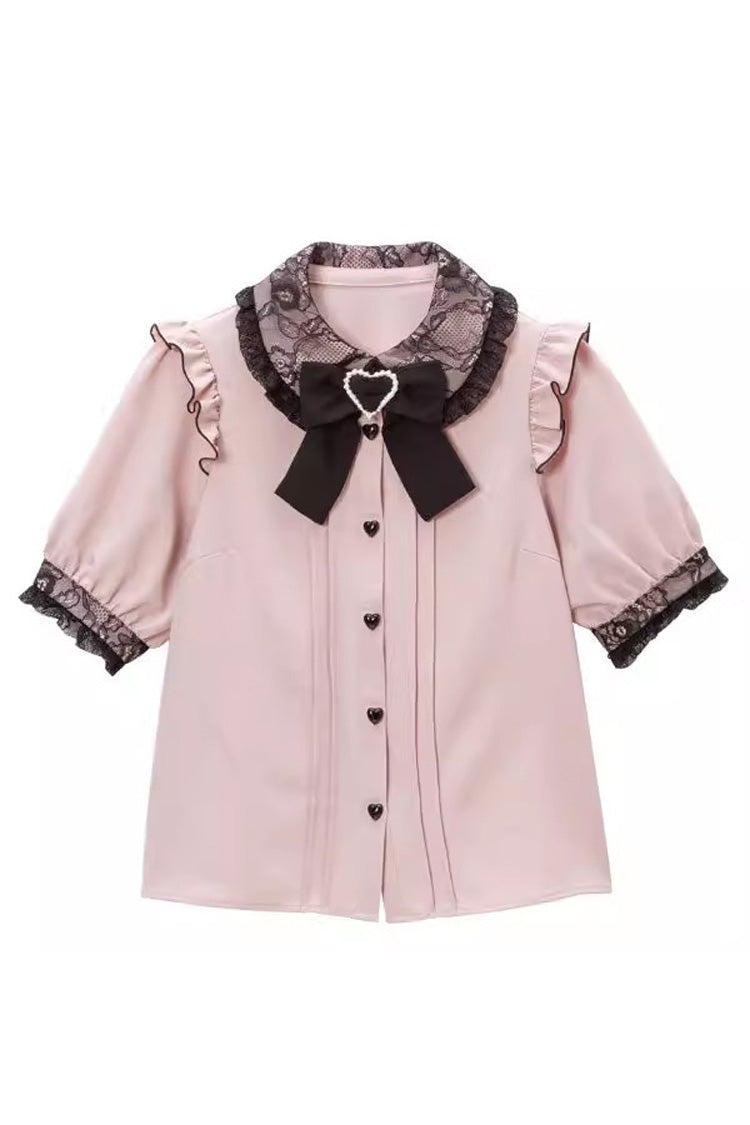 Doll Collar Short Sleeves Bowknot Sweet Jirai Kei Japanese Lolita Blouse 4 Colors - Pink - 1