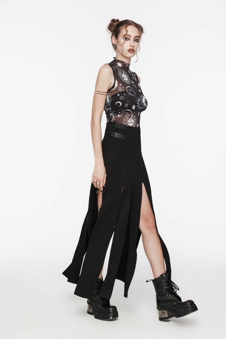 Black Sleeveless Printed Mesh Eyelet Women's Gothic Top - Product - 11