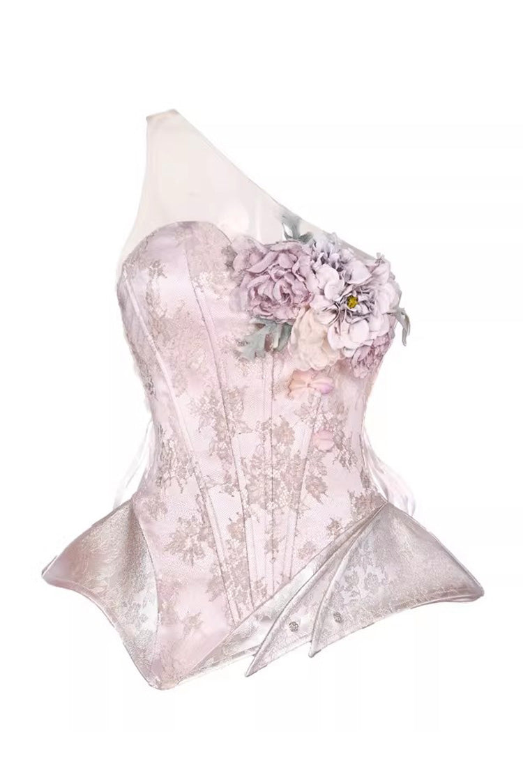 Pink [Moonlight Beast Spirit] Elf-style One-shoulder Printed 3D Floral Asymmetric Fishbone Sweet Corset - Product - 4