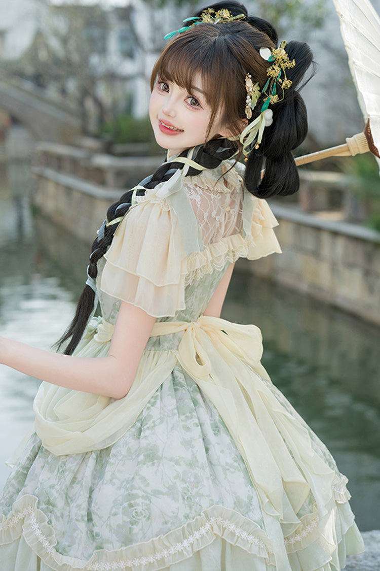 Green Pepper Chiffon Double-Layered Ruffle Bowknot Lace Sweet Chinese Style Lolita Dress - Product - 4