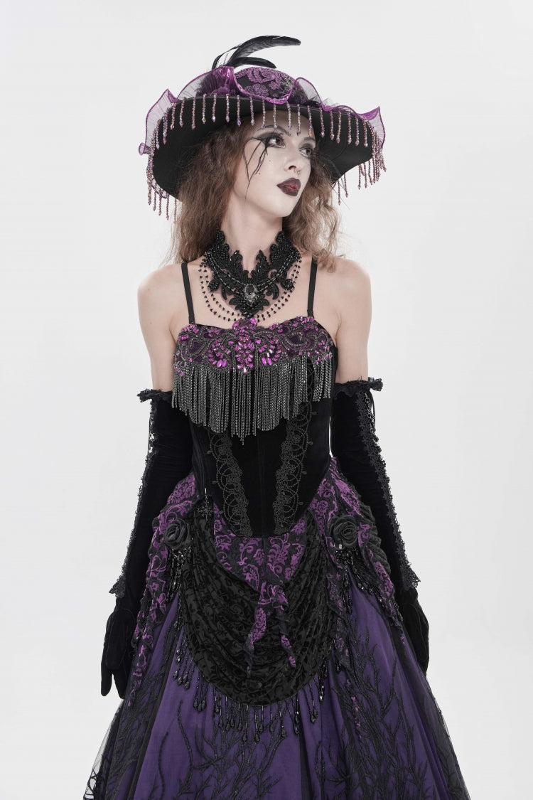 Black/Purple Lace-Up Women's Gothic Embroidered Tassels  Overbust Corset - Product - 8