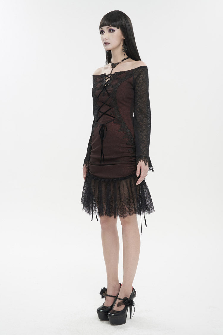 Red Elastic Texture One-Shoulder Hem Splicing Lace Bell Sleeve Women's Gothic Dress - Product - 5