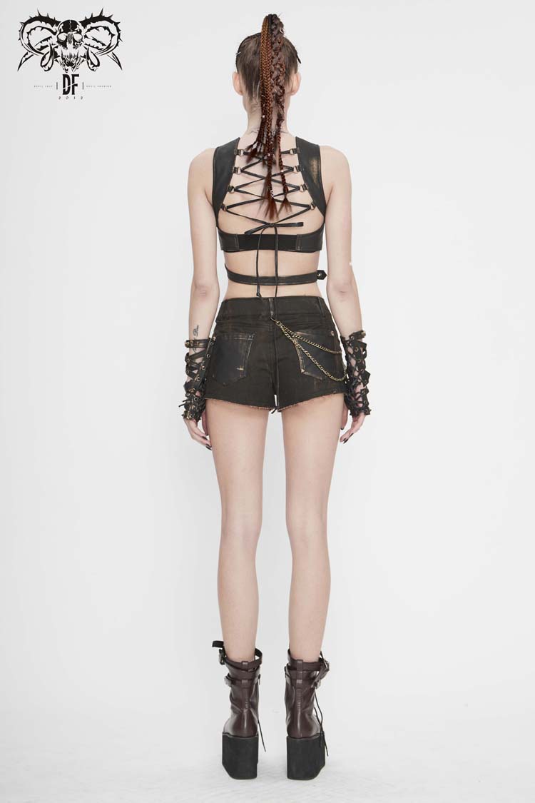 Brown Vintage Hand Wiped Leather Shoulder Loop Backless Lace Up Short Women's Punk Waistcoat - Product - 5