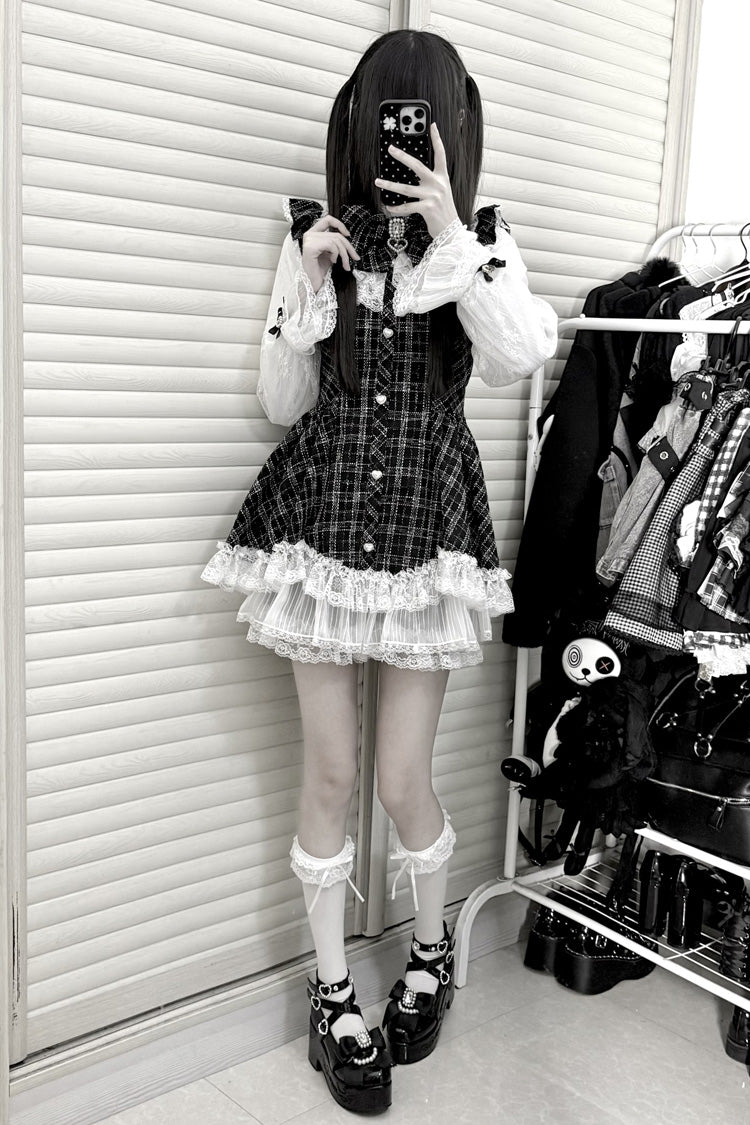 Black [Lunar Eclipse Doll] Long Sleeves Plaid Printed Ruffled Bow Lace Sweet Jirai Kei Japanese Dress Shorts Set - Product - 9