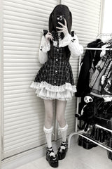 Black [Lunar Eclipse Doll] Long Sleeves Plaid Printed Ruffled Bow Lace Sweet Jirai Kei Japanese Dress Shorts Set - Product - 9