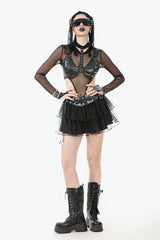 Black Multi-Layered Lace Mesh Women's Punk Short Skirt with D-Ring Ties Waist - Product - 7