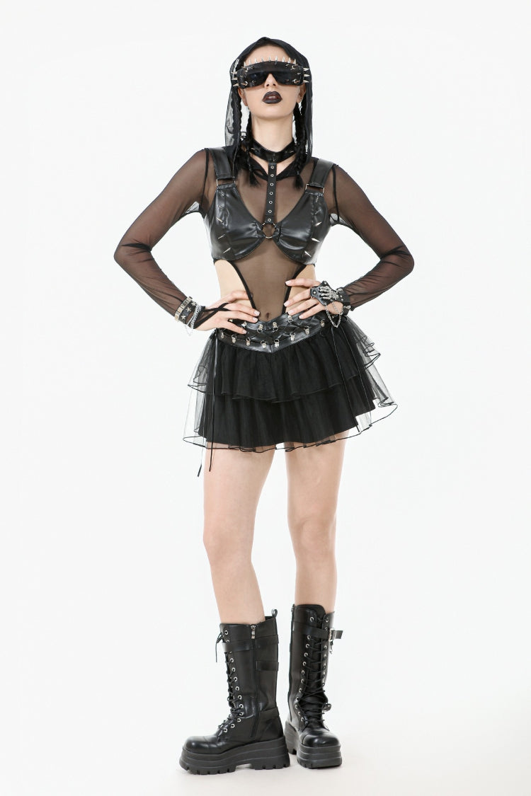 Black Multi-Layered Lace Mesh Women's Punk Short Skirt with D-Ring Ties Waist - Product - 7