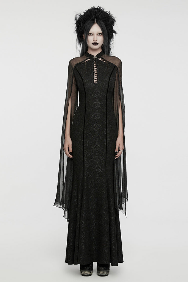 Black Cheongsam Collar Chiffon Stitching Ripped Women's Gothic Dress - Black - 1
