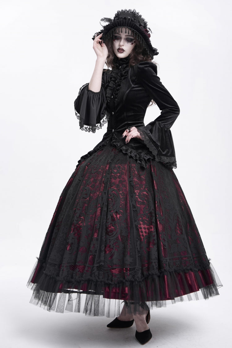 Black Stand Collar Long Trumpet Sleeves Ruffle Swallow-tailed Women's Gothic Blouse - Product - 10