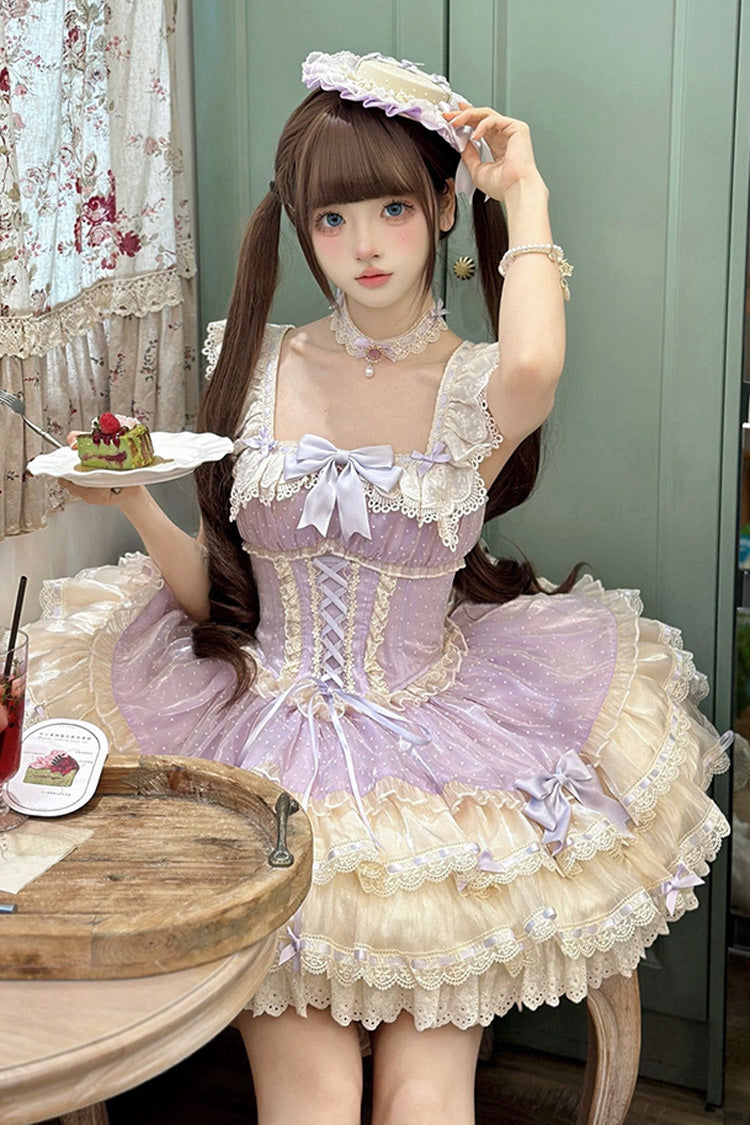 Purple [Flory Butterfly] Double-Layered Ruffle Bowknot Lace Lace-Up Sweet Ballet Lolita Jsk Dress - Product - 2