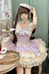 Purple [Flory Butterfly] Double-Layered Ruffle Bowknot Lace Lace-Up Sweet Ballet Lolita Jsk Dress - Product - 2