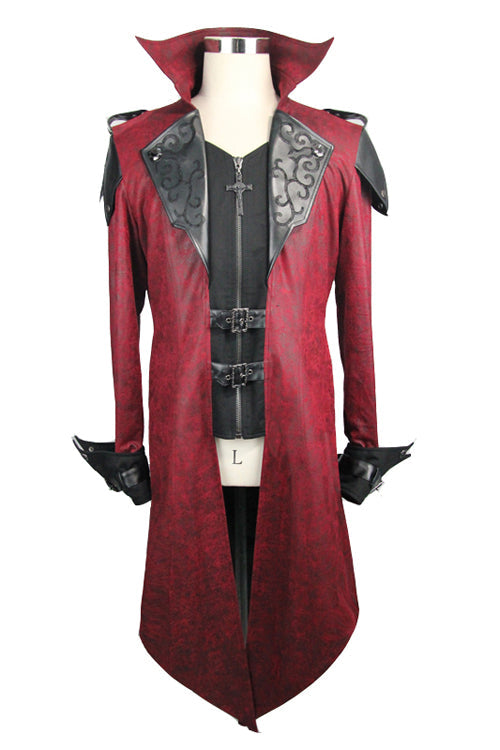 Punk Handsome Red Hooded Leather Long Mens Coats - Product - 4