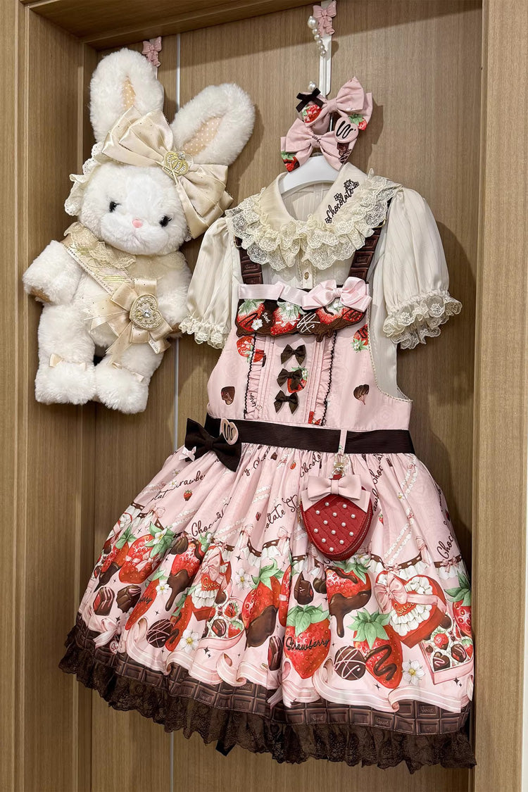Pink [Strawberry Chocolate Lover] Sleeveless Printed Ruffled Embroidered Bow Lace Sweet Lolita Strap Dress - Product - 11